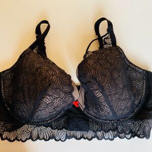 CACIQUE Black Lace Plunge Underwire with Bow Detail Bra Size 42F